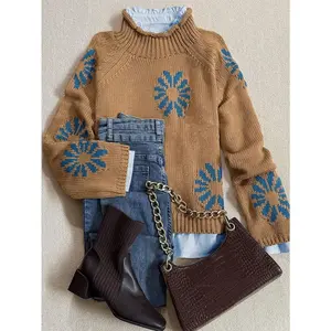 Autumn And Winter Fashion Casual Comfortable Warm Apricot Flower Pattern Knit High Neck Long Sleeve Loose Sweater Pullover in Camel