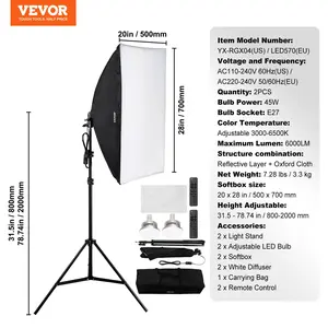 VEVOR Softbox Lighting Kit, 20x 28, Professional Softbox with 45W 3000-6500K LED Bulbs, 3 Continuous Lighting Effects, Tripod Stand, Remote Control, Studio Lights for Portrait shooting, Live Streaming