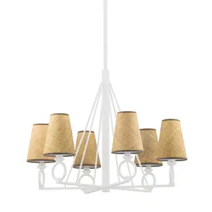 Pendelton 6-Light Chandelier with Hand-Woven Buri Palm Leaf Shades and White Plaster Finish