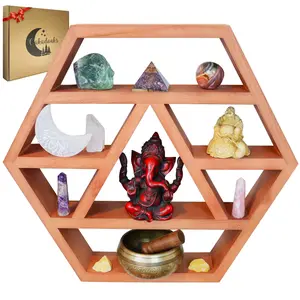 Hexagon Crystal Shelf Display - Large 21" Black Geometric Altar Shelf for Crystals - Table or Hanging Wood Hexagon Floating Shelves -Boho Crystal Display Shelf & Essential Oils - Spiritual Decor Gifts