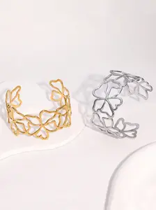 Elegant Women's Hollow Flower Stainless Steel Open Bangle, Vacuum Plated, Color-Resistant, Perfect Gift for Birthdays and Parties, Flower Design Bracelet