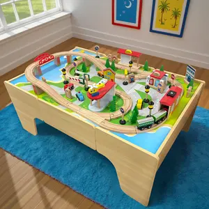 Wooden Train Set & Table for Toddlers, Reversible Activity Table with Storage Drawer, Compatible with Thomas, Birthday Gift for Kids Ages 3-7
