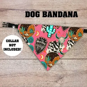 Desert Cowgirl Dog Bandana - Over The Collar - COLLAR NOT INCLUDED!  Pet Accessories, Cat Bandana, Handmade, Gifts For Pets, Animal, Doggy, Puppy, Aztec, Western, Cactus, Arrowhead, Wild Ones, Cactus, Turquoise, Cow