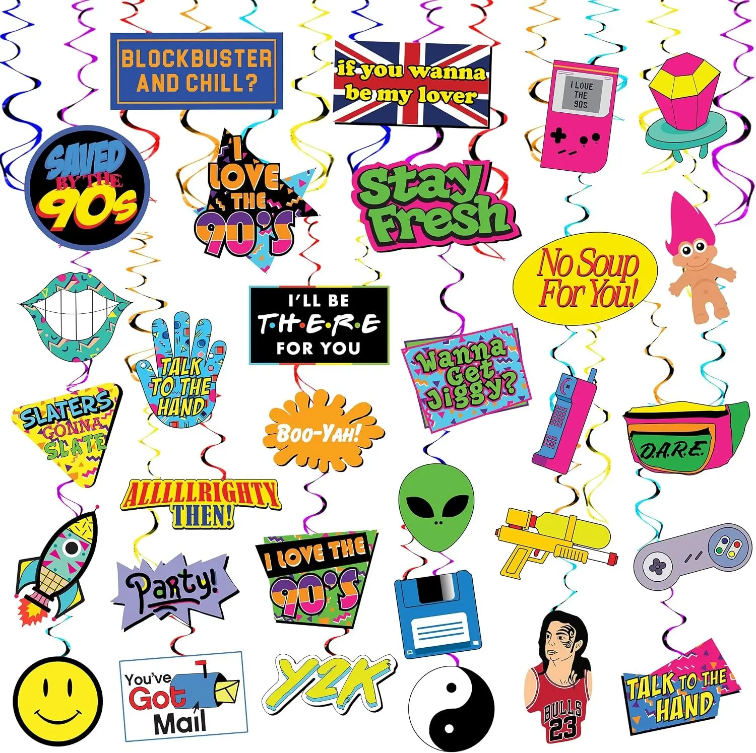 Throwback 90s Hanging Swirls - 32 Pieces - Back to the 90s Party Decorations, Supplies and Favors
