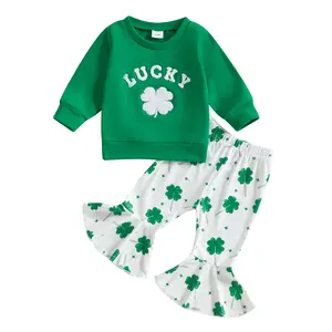 Canrulo Toddler Girl St Patricks Day Outfit Baby Girl Shamrock Sweatshirt Top Flared Pants Set 2 Piece Spring Clothes