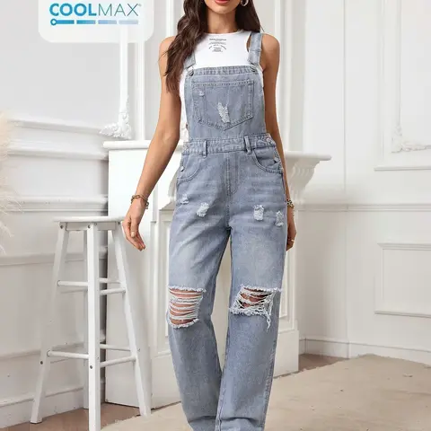 Women's Plain Pocket Ripped Denim Overall Jumpsuit, Casual Sleeveless Jumpsuit, Casual Adjustable Strap Button Straight Leg Overalls for Daily Wear, Ladies Clothes for All Seasons, Casual Comfy Overalls