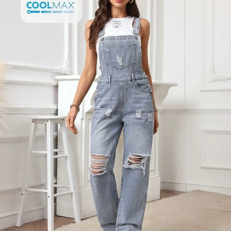 Women's Plain Pocket Ripped Denim Overall Jumpsuit, Casual Sleeveless Jumpsuit, Casual Adjustable Strap Button Straight Leg Overalls for Daily Wear, Ladies Clothes for All Seasons, Casual Comfy Overalls