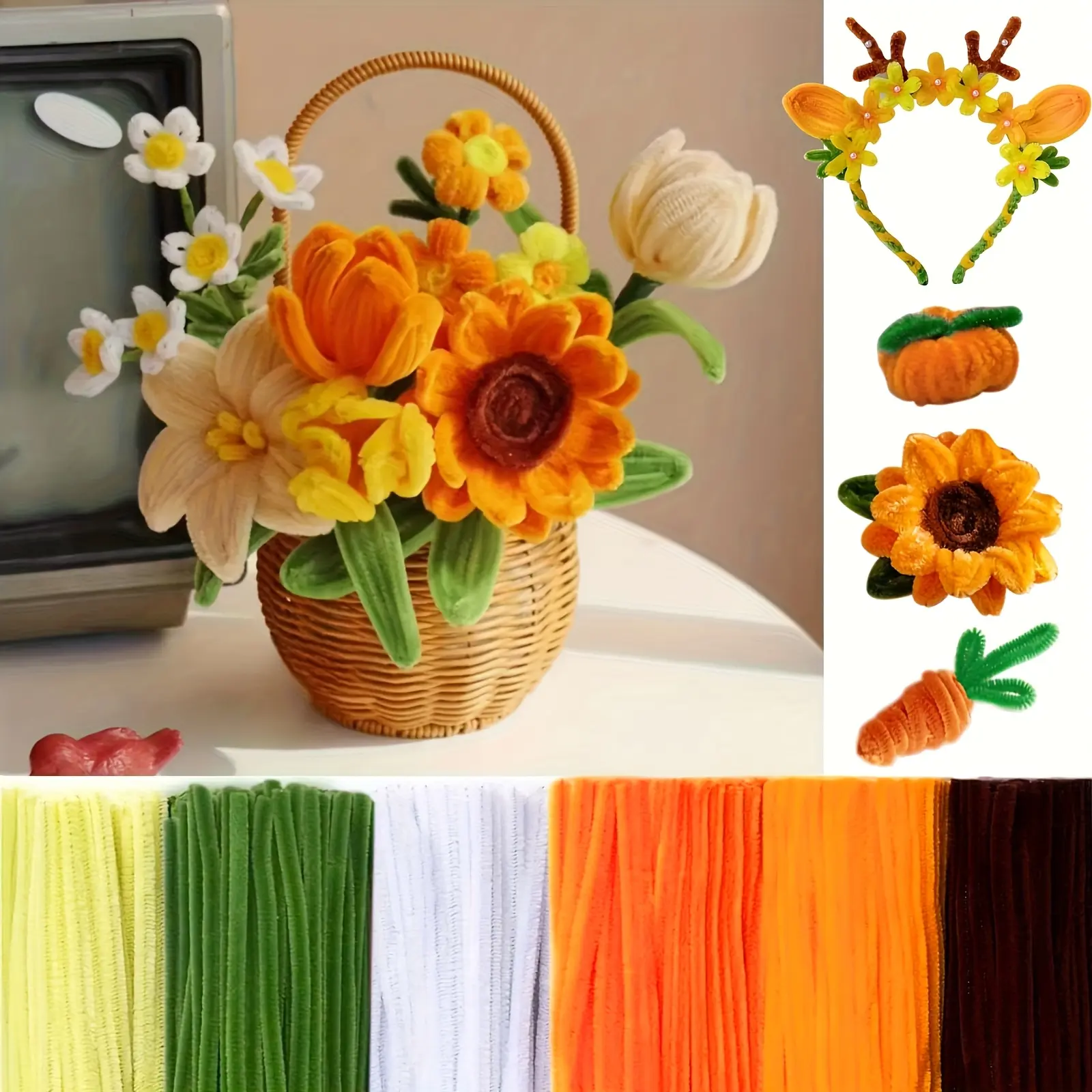 500-Piece Crochet Style Pipe Cleaner Flower Kit, 5-Color Chenille Stems, with Wrapping Paper for DIY Craft Projects (Toys & Hobbies Specialty Supplies)