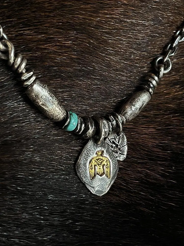 Boho Western Thunderbird Necklace, Vintage Silver Choker with a Turquoise Blue Stone Eagle Pendant and Animal Shape Stone Detail, Animal Shape Necklaces, Blue Stones Necklaces