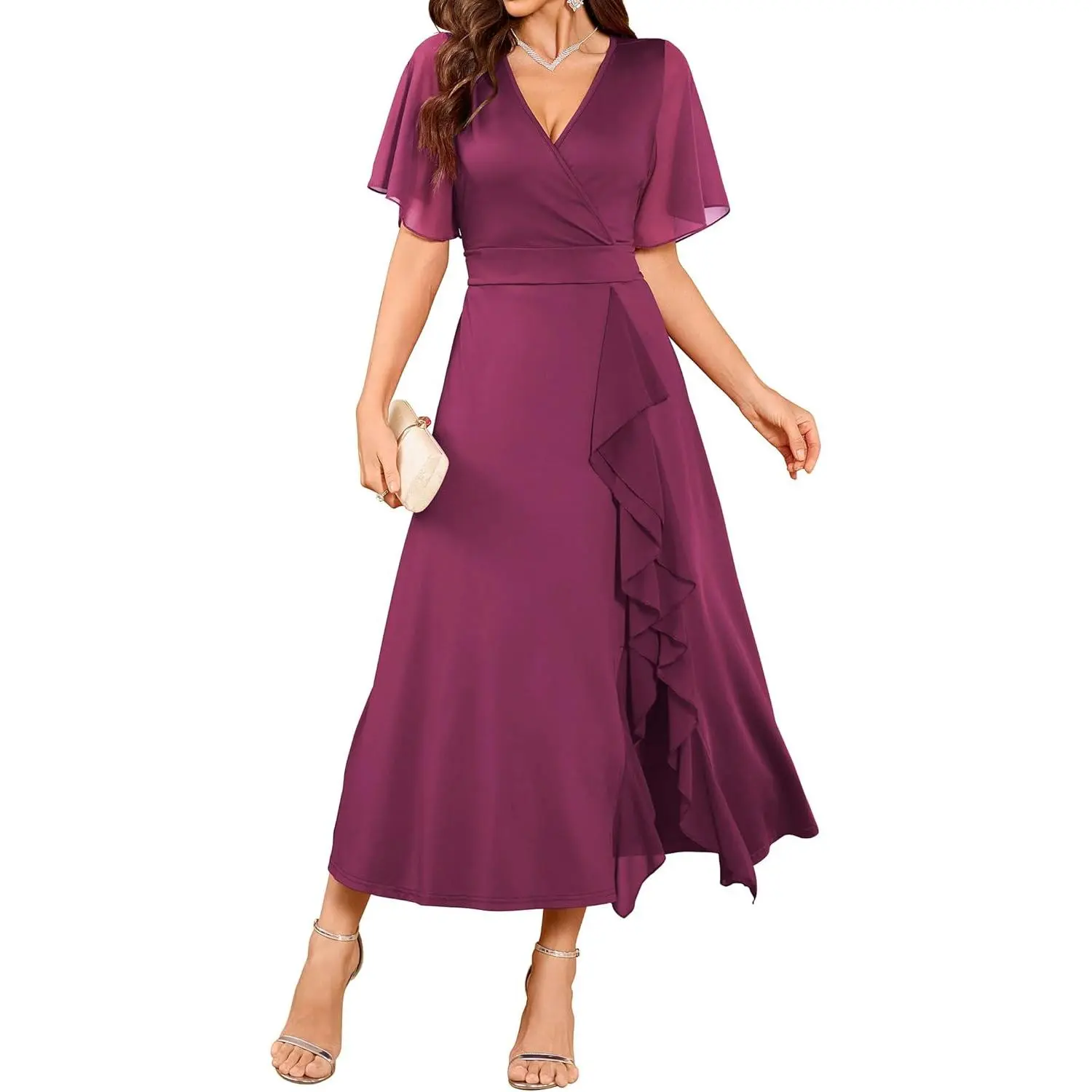 Formal Wedding Guest Dresses for Women Elegant Classy V Neck Wrap Split  Ruffle Long Cocktail Evening Gowns Purple-red - TikTok Shop