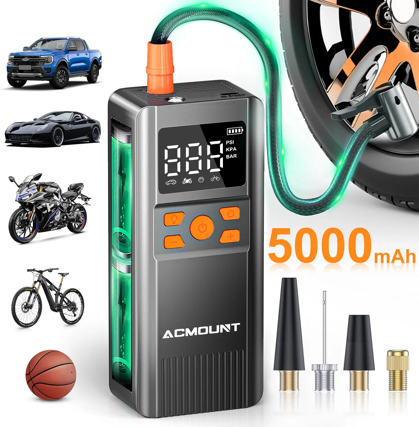 【INSTANT TIRE FIX ANYWHERE】ACMOUNT Portable Air Pump, 150PSI Turbo Inflation! 5000mAh Rechargeable, Digital Gauge, USB-C Fast Charge, LED Light for Ni