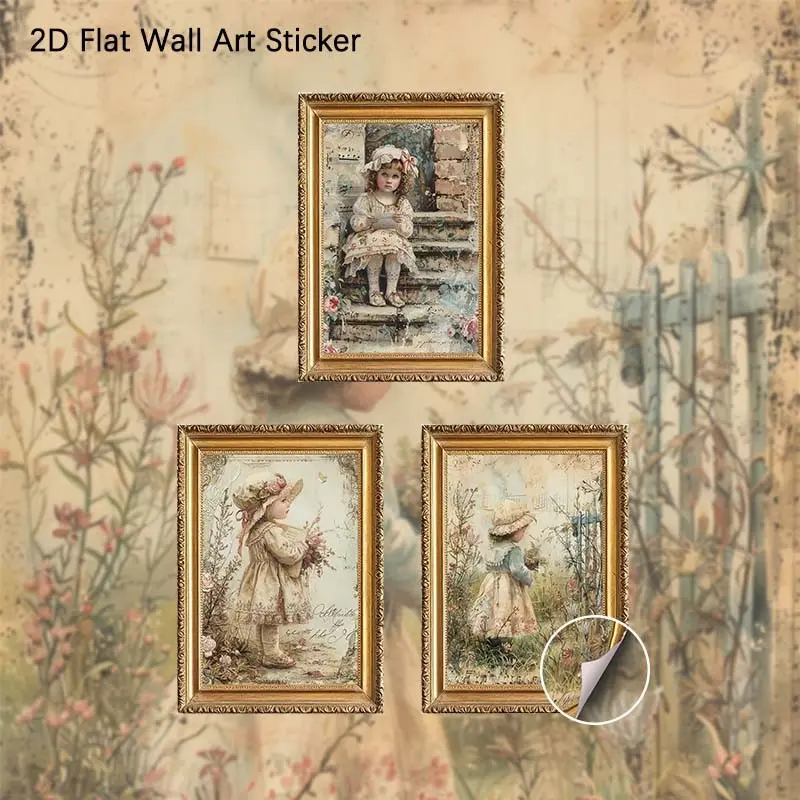 2D Flat Wall Art Sticker, 3Pcs PVC Self-Adhesive Framed Wallpaper Sticker, Vintage Cottagecore Children Illustration Wall Decals, Aesthetic Retro Floral Kid Art Wall Decor for Living Room, Nursery, Bedroom, Perfect Gift for Art Lovers, Cottagecore Fans