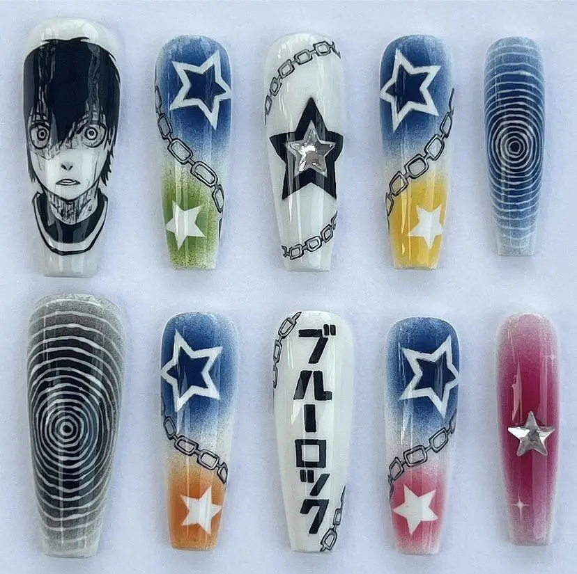 Blue Lock Inspired Press On Nails | Handmade Anime Soccer 3D Nail Art | Reusable False Nails with Nail Kit | Free Adhesive Tabs Nail File & Cuticle Stick
