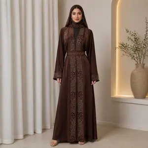 Dubai Abaya in Brown with Long Sleeves, Drawstring Waist, and Embroidered Design