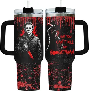 Boogeyman Horror Tumbler with Handle – 40 oz Stainless Steel Mug – Halloween Slasher Cup Gift for Men, Horror Fans & Birthday Villain Lovers