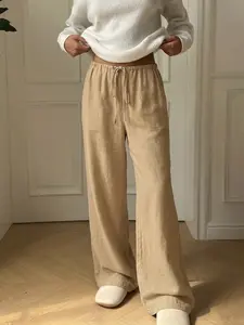 Casual Black Lightweight Gauze Wide Leg Pants Women's High Waist Drawstring Loungewear Trousers Casual Loungewear, Everyday Wear, Summer Wear, All-Season, Versatile Trousers Womenswear