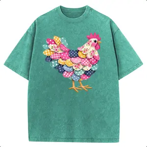 Holafish Vintage Patchwork Chicken Print Washed T-Shirt, Retro Farm Animal Graphic Tee, Casual Loose Short Sleeve Top 2026 New Color Scheme outdoorfun