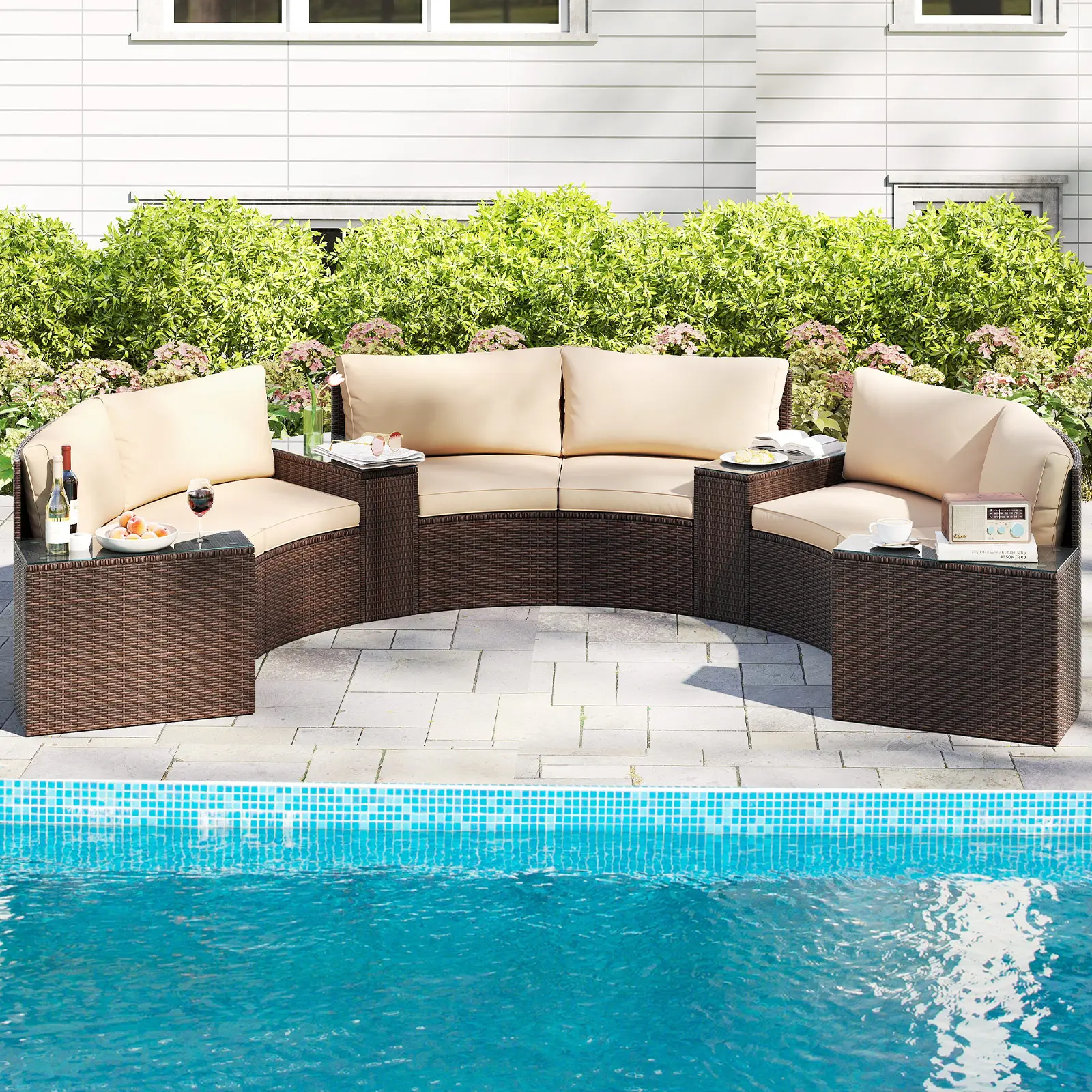 COSTWAY 5/7 Pieces Patio Furniture Set, Rattan Wicker Sectional Loveseat with Thick Cushions and Side Tables, Outdoor Patio Conversation Set for Backyard, Poolside, Porch, Balcony, Deck