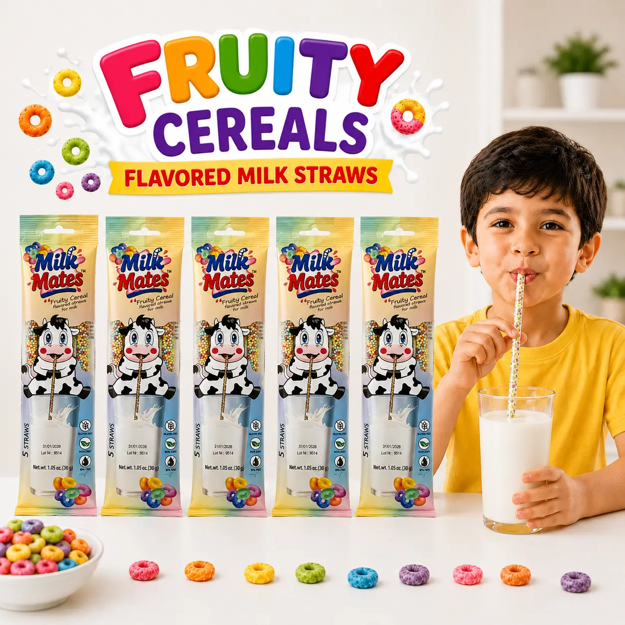 Mild Sweet Flavored Fruity Cereal Straws Sugar-Free Food for 7 oz Glass of Milk - 25 Total (5 Packs, 5 Each), Children's Milk Enhancer, No Powder, No Mess,, Easy-to-Use Flavoring Accessory, Glucose-Free, Ambient Storage, 24-Month Shelf Life
