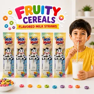 Flavored Fruity Cereal Straws - 25 Total (5 Packs, 5 Each), Kids' Milk Enhancer, No Powder, No Mess, 7 oz Glass-Compatible, Easy-to-Use Flavoring Accessory