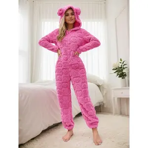 Women’s heart print hooded jumpsuit; casual, soft, comfortable long-sleeve jumpsuit for fall and winter; women’s sleepwear for indoor wear; sleepwear loungewear; onesies