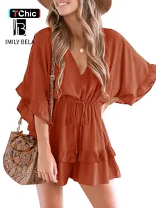 Women's Plain Ruffle Trim Tie Front Romper, Casual    Romper for Beach Holiday Vacation, Ladies Clothes for All Seasons