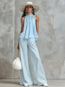 2026 New Blue Striped Capri Sky Set, Stylish Summer, Comfortable & Trendy, Perfect for Casual Wear, Ideal for Warm Weather