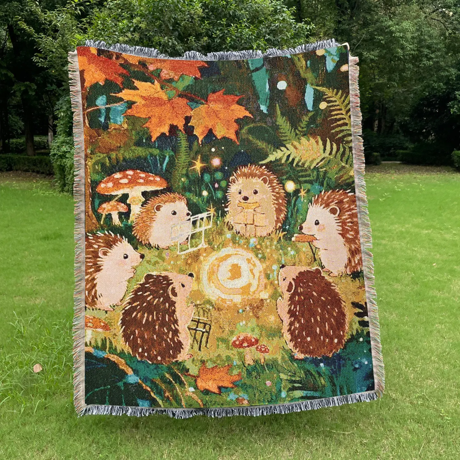 Bohemian hedgehog pattern jacquard carpet, colorful tassels decorating bedspread, thick, soft, durable, washable, easy to maintain, non-fading and non-sagging, suitable for home decoration, sofas, chairs, beds, wall hangings, picnics and camping
