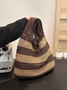 Women's Crochet Handbag, Knitted Beach Bag, Summer Vintage Vacation Style, Handmade Striped Shoulder Hook Needle Large Capacity, Casual Trendy Handbag