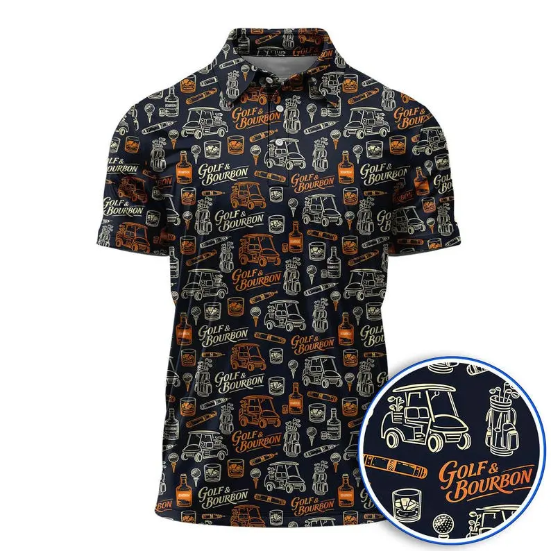 Golf & Bourbon Polo Shirt for Men, Funny Golfer Whiskey Lover Shirt, Golf Cart Bourbon Pattern Polo, Golfer Gift for Dad Husband
