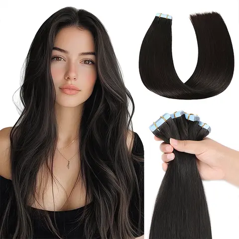 SUYYA 100% Human Tape-In Hair Extensions - Straight Cut, Natural Look, Casual Use, 12-28in, 1# Jet Black/2# Darkest Brown, 20PCS/Pack, 12inch-40g, 4-6 Wk Swap, Free Gift Bundle Included