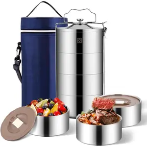 80oz Stainless Stackbale Box for Adult, 4-Tier Food Container, Leak-& Stackable Large Capacity Bento Box with Bag, (80OZ, Silver) - Large