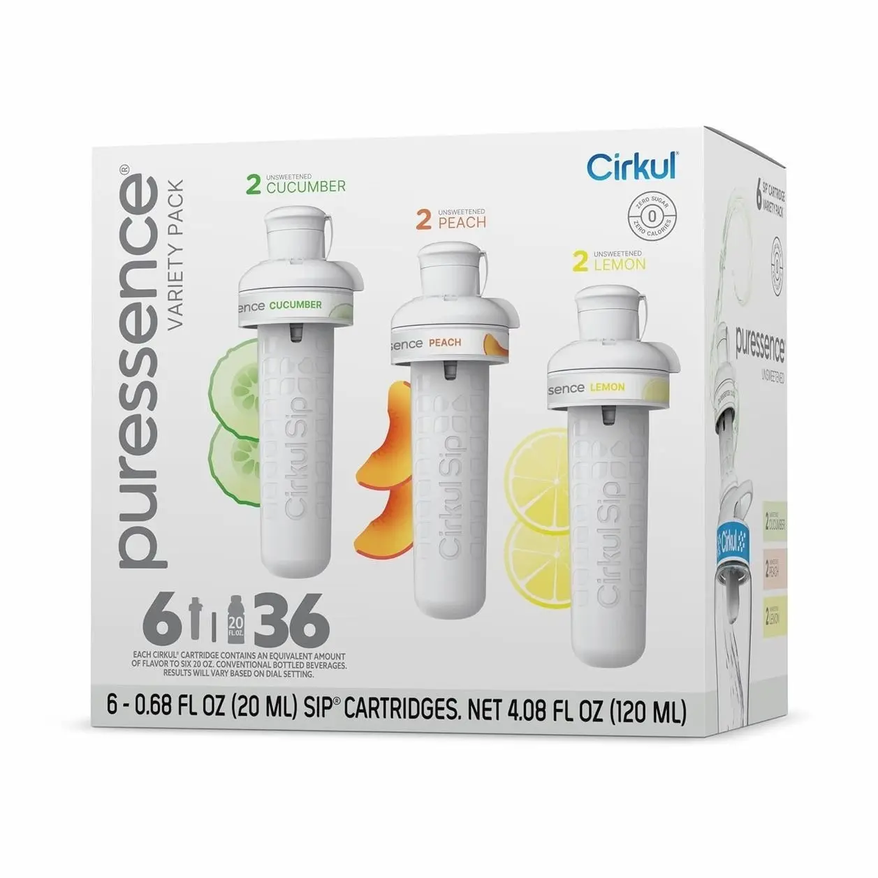 Cirkul Puressence Unsweetened Flavor Water Variety Pack, Makes 36 Drinks, No Sugar, Zero Calorie Drink Mix, (2 Cucumber, 2 Peach, 2 Lemon)