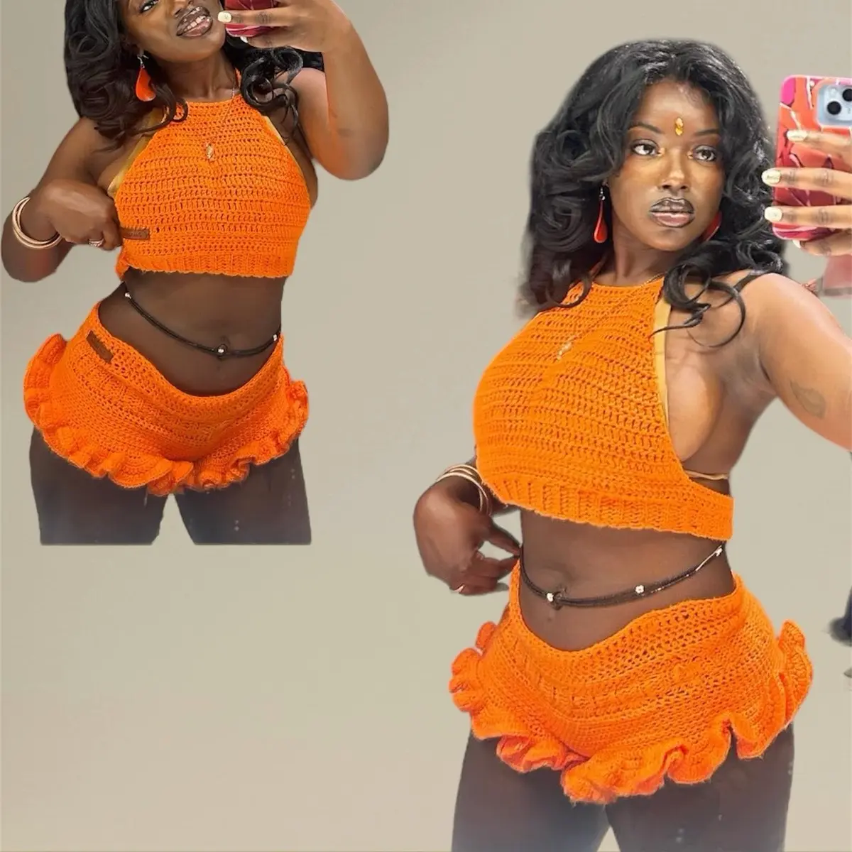 Zuri Crochet Ruffle Mini Shorts + Halter Set