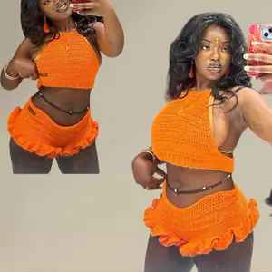 Zuri Crochet Ruffle Mini Shorts + Halter Set