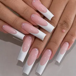 White French Tip Rhinestone Gems Long Coffin Press On Nails – 24 pcs Fake Nails, Kit with Jelly Glue & File, Bling Glam Nails for Baddie & Statement Looks