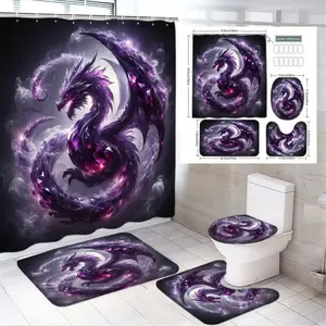 1/4pcsMystical Purple Dragon Shower Curtain Set - Fantasy Bathroom Decor with Gem Accents, 4-Piece (Shower Curtain, 2 Mats, Toilet Seat Cover) - Dark Smoky Background, Perfect for Halloween, Christmas, Birthday Fantasy Themed Gift Restroom