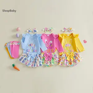 Baby Girl Easter Outfit, Long Sleeve Letters Romper With Eggs Print Shorts Bow Headband Socks Animal Romper Toddler Rabbit Ears Costume