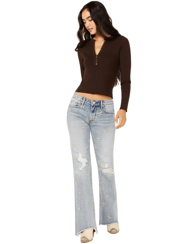 Driftwood Women's Eva Light Wash Low Rise Floral Flare Jeans - Dw-P42123a