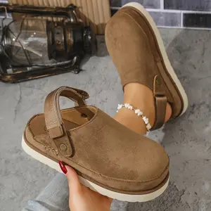 Plus Size Closed Toe Buckle Half Slippers Velvet Double Layer Height Increasing Outdoor Magic Platform Women's Slippers