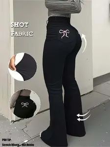 Women's High Elasticity Embroidered Flare Pants, Elegant Fashion for Dating, Commuting, Casual Travel, Valentine's Day, New Year