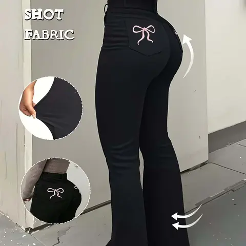 Women's High-Elasticity Embroidered Flare-Leg Trousers Pants, Elegant Chic Elegance Fashion All Season Bottoms for Dating, Commuting, Casual Travel, Valentine's Day and New Year