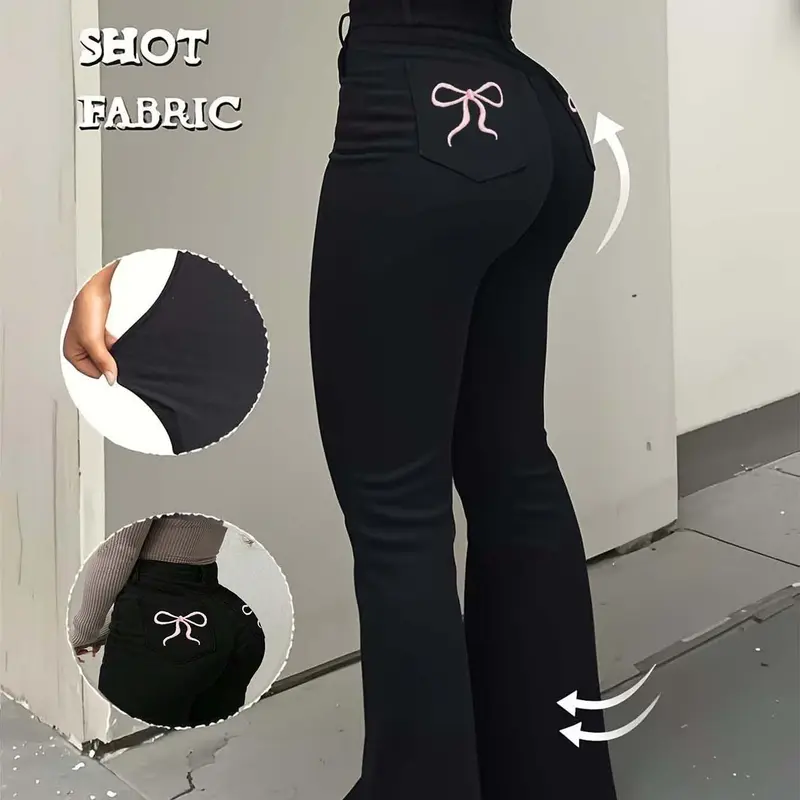 Women's High-Elasticity Embroidered Flare-Leg Trousers Pants, Elegant Chic Elegance Fashion All Season Bottoms for Dating, Commuting, Casual Travel, Valentine's Day and New Year