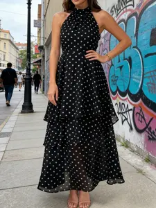 Boho Polka Dot Maxi Dress for Women Fashion Summer Sleeveless A-Line Mesh Dress Sexy Slim Elegant Party Dress Casual Daily Wear
