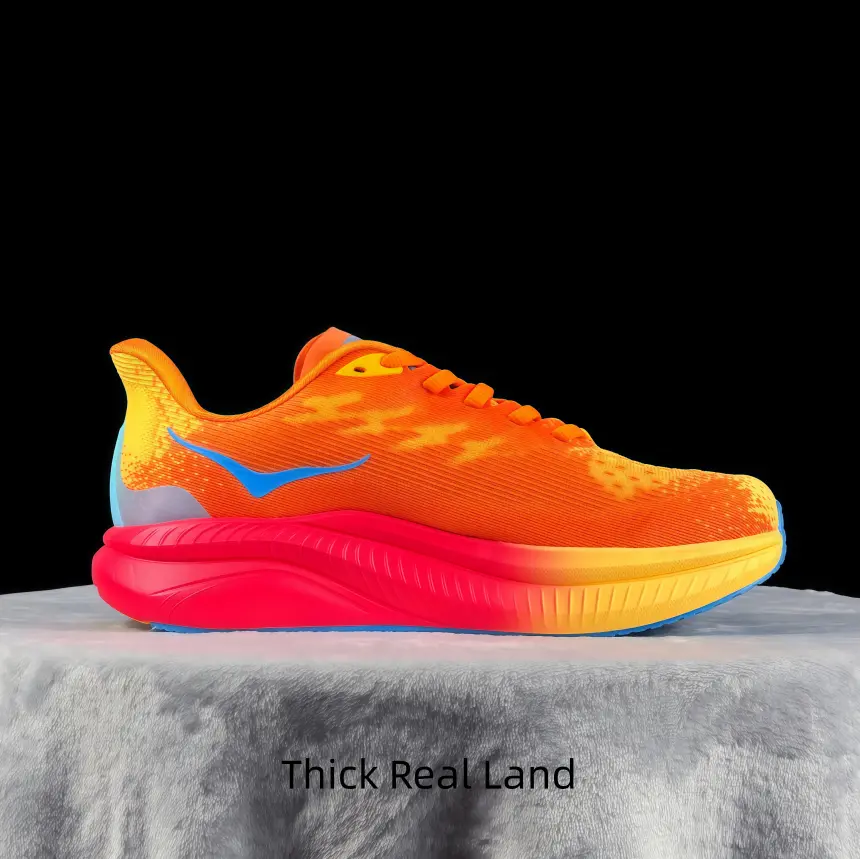 Gradient orange red performance running shoes with breathable textured mesh upper, ultra thick layered curved midsole delivers strong shock absorption to ease lower limb pressure during long-distance training.