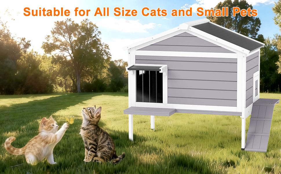 Cat House with Insulated Liner, Insulated Feral Cats Shelter Keep Warm in Winter Outsides, Easy to Install Weatherproof Outdoor Indoor Kitty House for Winter(Grey，20.08"D x 32.56"W x 35.79"H）