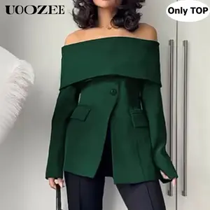 UOOZEE Women's New Office Lady Commute Off-The-Shoulder Blazer(Only) Long Sleeves Solid Color Split-Front Zipper Formal Outerwears, Chic for Cocktail Parties, Office Events & Evening Dinners