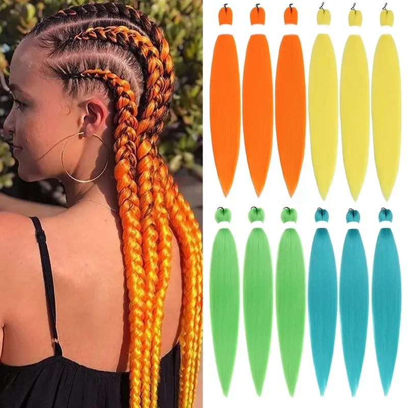 2026 New 1/3/6 Pcs Braiding Hair Extension PreStretched Soft Yaki Synthetic Crochet Braid Hot Water Setting Green Pink Orange Yellow Hair