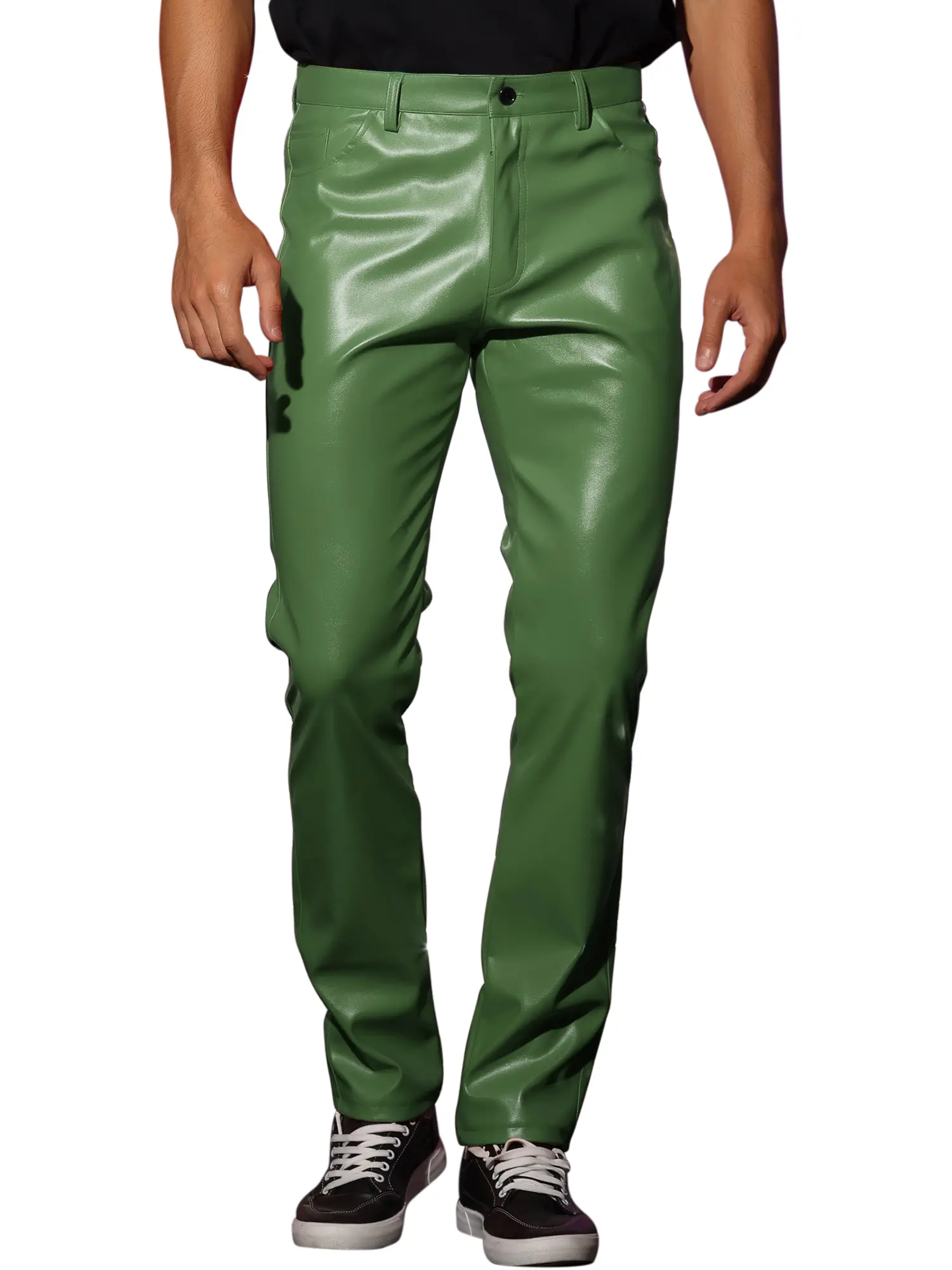 INSPIRE CHIC Faux Leather Pants for Men's Slim Fit Solid Color Nightclub Disco Skinny Trousers