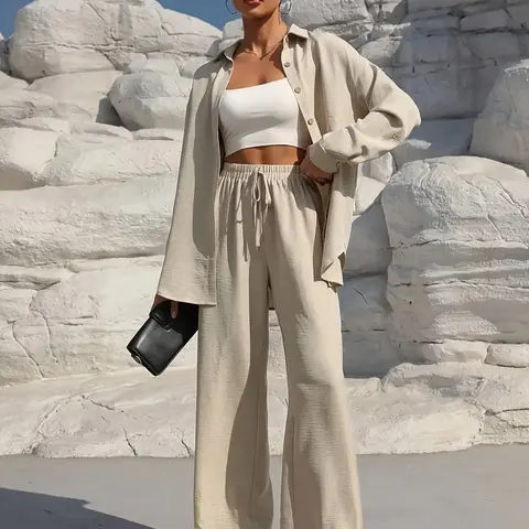 Women's Solid Collared Button Front Shirt & Tie Front Wide Leg Pants Two-piece Set, Casual Drop Shoulder Long Sleeve Fitted Top & High Waist Trousers for Spring & Fall, Linen Set, Loose Pant Sets, Casual Matching Sets, Womenswear
